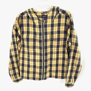 Toad & Co Womens Flannel Plaid Zip‎ Up Hoodie Jacket Sz XS Yellow Navy Blue